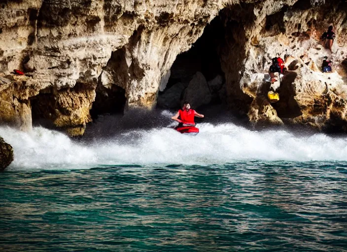 Image similar to angry fat lifeguard with a beard on jet ski yelling at people on the rocks at the thousand steps sea cave in laguna beach 2 0 1 3 summer