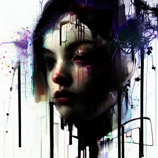 Image similar to glitchart of a young woman lucid dreaming in cyberspace photoreal, atmospheric by jeremy mann francis bacon and agnes cecile, ink drips paint smears digital glitches