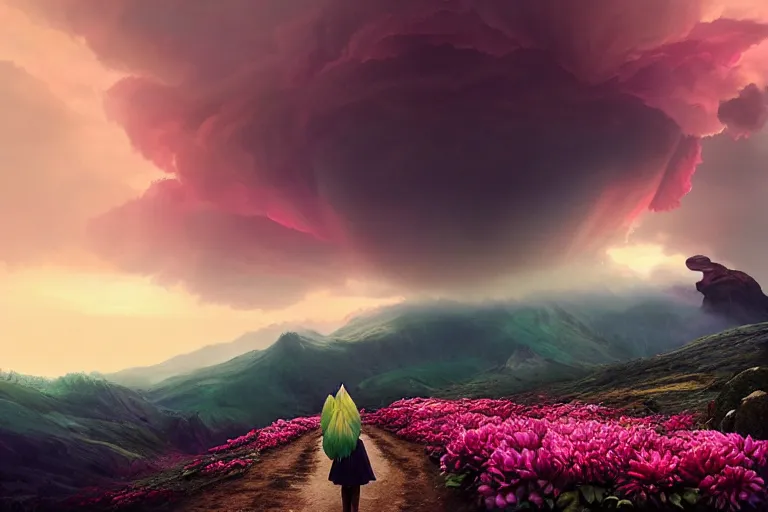 Image similar to giant dahlia flower head, girl walking on mountain, surreal photography, pink storm clouds, dramatic light, impressionist painting, digital painting, artstation, simon stalenhag