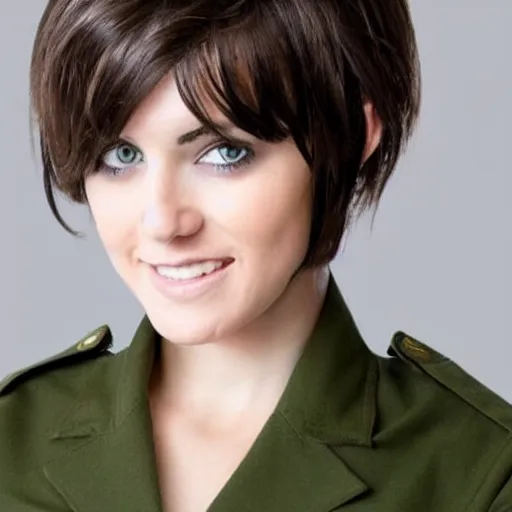 Image similar to brunette woman, short hair, flipped out ends, bright green eyes, military uniform, smirk