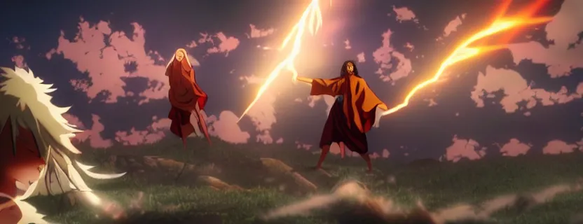 Prompt: jesus!!! christ!!! having an epic anime fight with the devil, dramatic lighting, anime movie action frame, cinematic composition