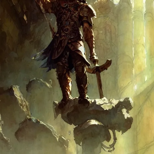 Image similar to simple clear Heroic Paladin Dsurion ascends the stairway to valhalla Hand Crafted By Rodin. Painting by greg rutkowski Donato Giancola Jeff Simpson norman rockwell stamp watercolor