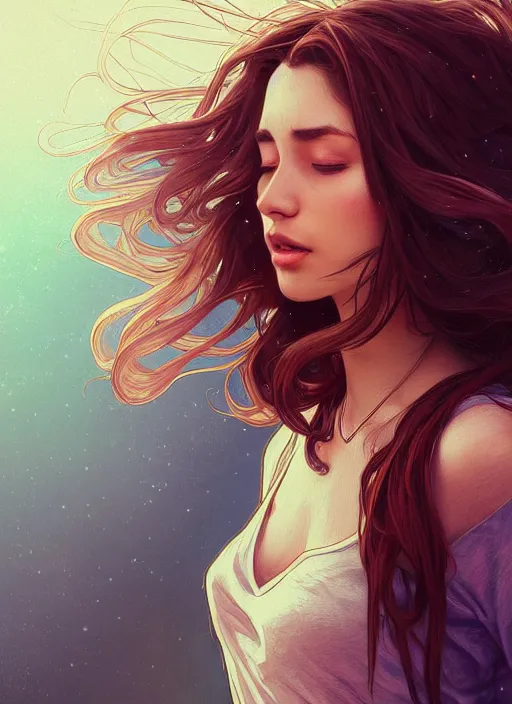 Image similar to handsome young women with shoulder length brown hair, smoking weed, smoke, half body shot, path traced, highly detailed, high quality, digital painting, alena aenami, lilia alvarado, shinji aramaki, karol bak, alphonse mucha, tom bagshaw