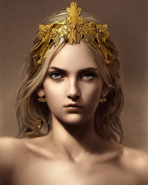 Image similar to front view of beautiful aphrodite greek goddess wearing a gold laurel wreath and triangle earrings, realism tattoo sketch, beautiful piercing eyes with sharp pupils, beautiful blonde hair, in the style of greg rutkowski, fantasy, amazing detail, epic, elegant, smooth, sharp focus, super model