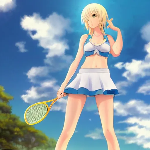 Image similar to full body shot : a very beautiful young blond tennis anime girl, sky blue eyes, large golden chain, bikini, white miniskirt, highly detailed, cinematic wallpaper by stanley artgerm lau