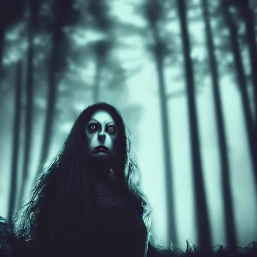 Prompt: focus portrait of dark angry witch in night, dark forest background, bokeh, inspired by Tim Burton, octane render