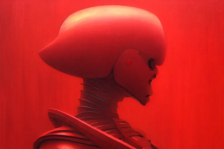 Image similar to only with red, a red samurai humanoid, tokio futuristic in background, yokai, in the style of beksinski, parts by edward hopper, parts by rodcenko, parts by yue minjun, intricate and epic composition, red by caravaggio, insanely quality, highly detailed, masterpiece, red light, artstation, 4 k