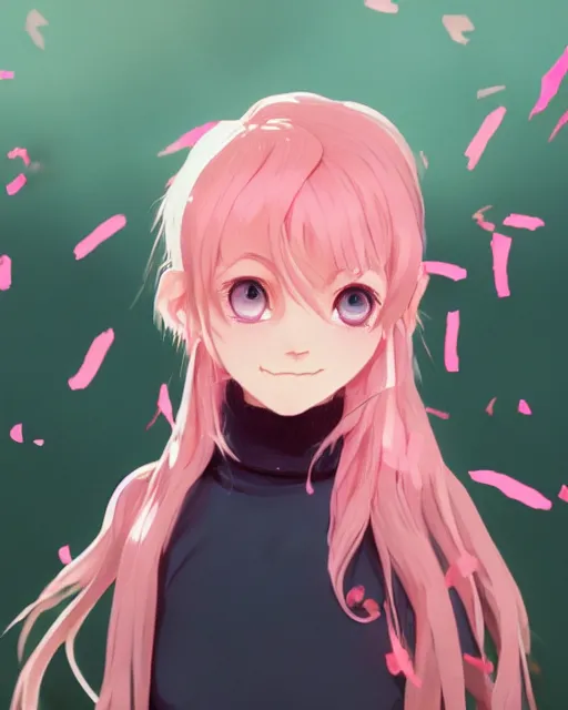 Image similar to happy teenage girl side face with pink curly pastel hair .Many single strips of hair floating in the air. Bright big eyes. Fine particles of red leaves.，cute, anime wallpaper，Sunlight on the face.by Krenz Cushart, Ian McQue, Ilya Kuvshinov, CloverWorks.vivid color.Shining highlights