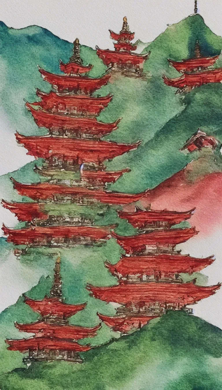 Prompt: watercolour painting of a pagoda, green and red accents, tea drinking, mountains in background