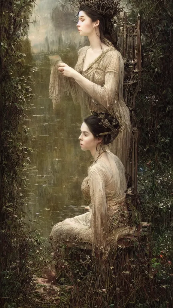 Image similar to secret view from behind wide mirror of a beautiful black haired woman with pale skin and a crown on her head sitted on an intricate metal throne, very deep stillness atmosphere, silence, dimension of still moment, spiritual feeling, digital art, by daniel ridgway knight