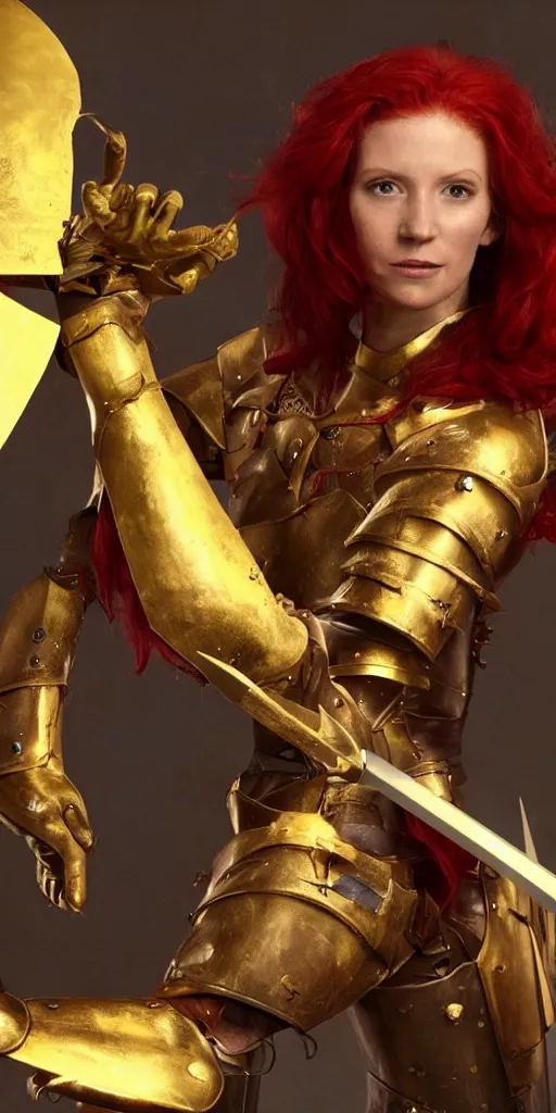 Image similar to a tall, red - haired female knight wearing golden armor and a right golden prosthetic arm, longer than her left arm. she wields a long golden blade