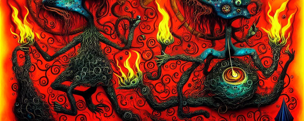 Image similar to whimsical fiery alchemical creatures, surreal dark uncanny mixed media painting by ronny khalil