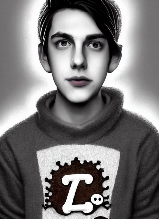 Image similar to portrait of teenage jughead jones wearing a light grey crown, photorealistic, crown, sweater with letter s on it, hamburger, eyes closed, crown, black hair, intricate, elegant, glowing lights, highly detailed, digital painting, artstation, concept art, smooth, sharp focus, illustration, art by wlop, mars ravelo and greg rutkowski