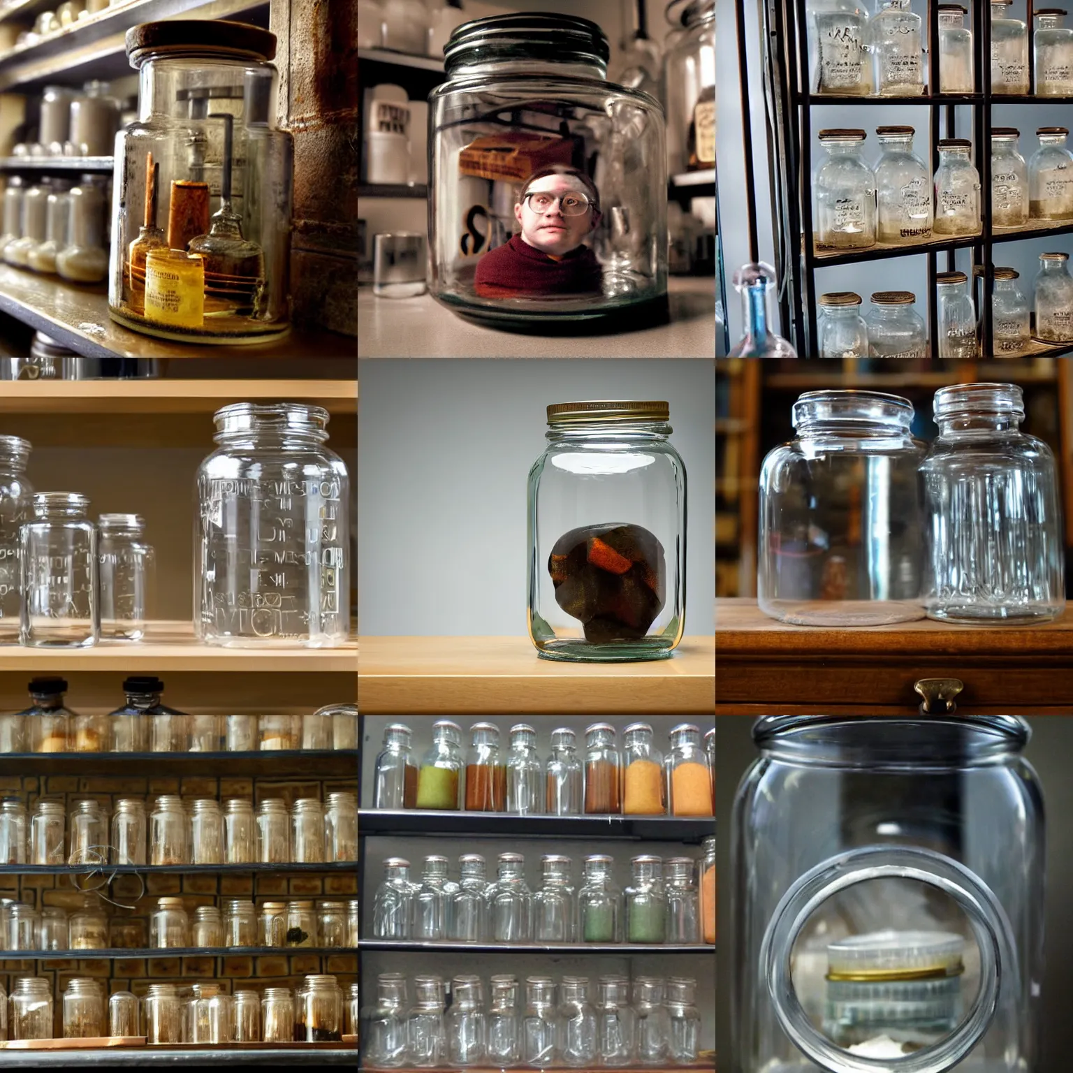 Prompt: a laboratory, jar on a shelf, inside the jar is harry potter