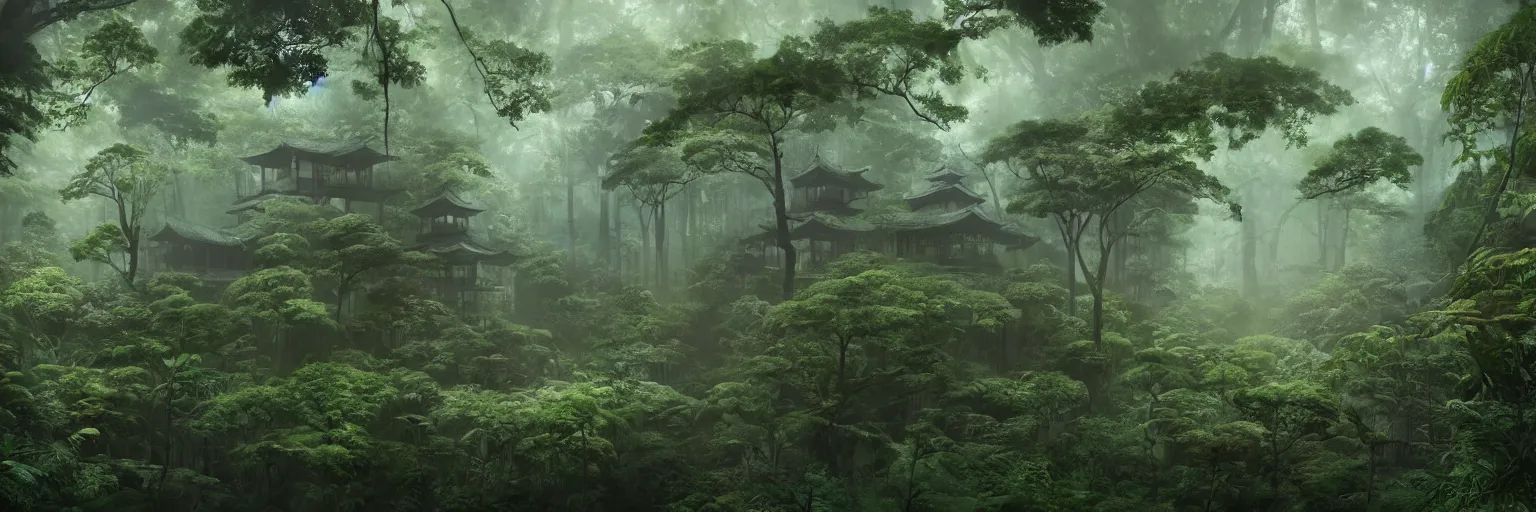 Image similar to japanese metabolism architecture deep in the rainforest. nature is taking over. matte painting in the style of craig mullins. mist. cinematic. octane render.