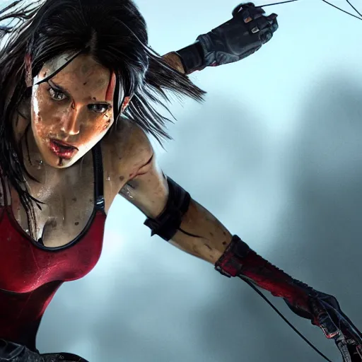 Image similar to Lara croft as spiderwoman,face wet, heavy rain ,dramatic, intricate, highly detailed, concept art, smooth, sharp focus, illustration, Unreal Engine 5, 8K