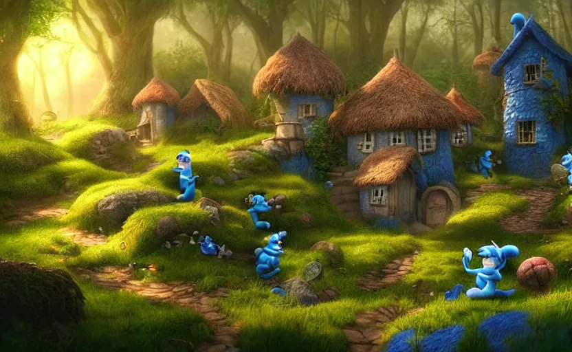 Image similar to a beautiful photo the smurfs village, hyper realistic, natural light, concept art,, cozy atmospheric and cinematic lighting