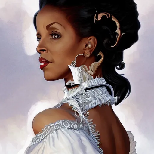 Prompt: cute black nancy pelosi wearing a white corset dress, fantasy, intricate, highly detailed, digital painting, artstation, concept art, wallpaper, smooth, sharp focus, illustration, art by artgerm and greg rutkowski and alphonse mucha