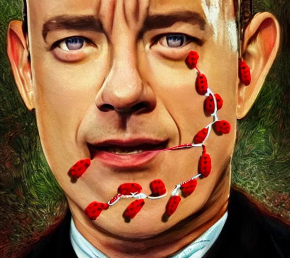 Image similar to Tom hanks as forrest gump wearing a necklace made out of shrimps around the neck, realistic face, digital art, in the style of Marta Dahlig, amazing detail, artstation, long shot