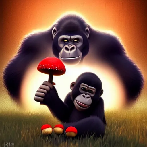 Image similar to a wholesome animation key shot of a gorilla holding a very small red mushroom, chilled out smirk on face, studio ghibli, pixar and disney animation, sharp, rendered in unreal engine 5, anime key art by greg rutkowski, bloom, dramatic lighting, made by banksy