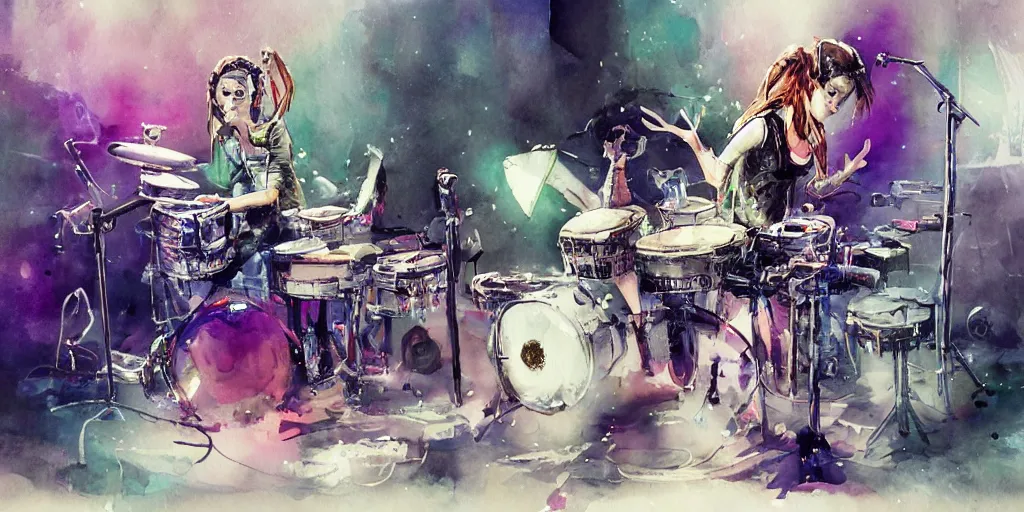 Image similar to Octopus girl playing R&R drum kit in the spotlight with rock band concert, cyberpunk, realistic, detailed, Industrial Scifi, paint, watercolor, in the style of Ashley Wood and Wadim Kashin