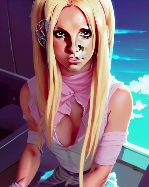 Image similar to highly detailed portrait of britney spears as an anime character, stephen bliss, unreal engine, greg rutkowski, loish, rhads, beeple, makoto shinkai and lois van baarle, ilya kuvshinov, rossdraws, tom bagshaw, alphonse mucha, global illumination, detailed and intricate environment