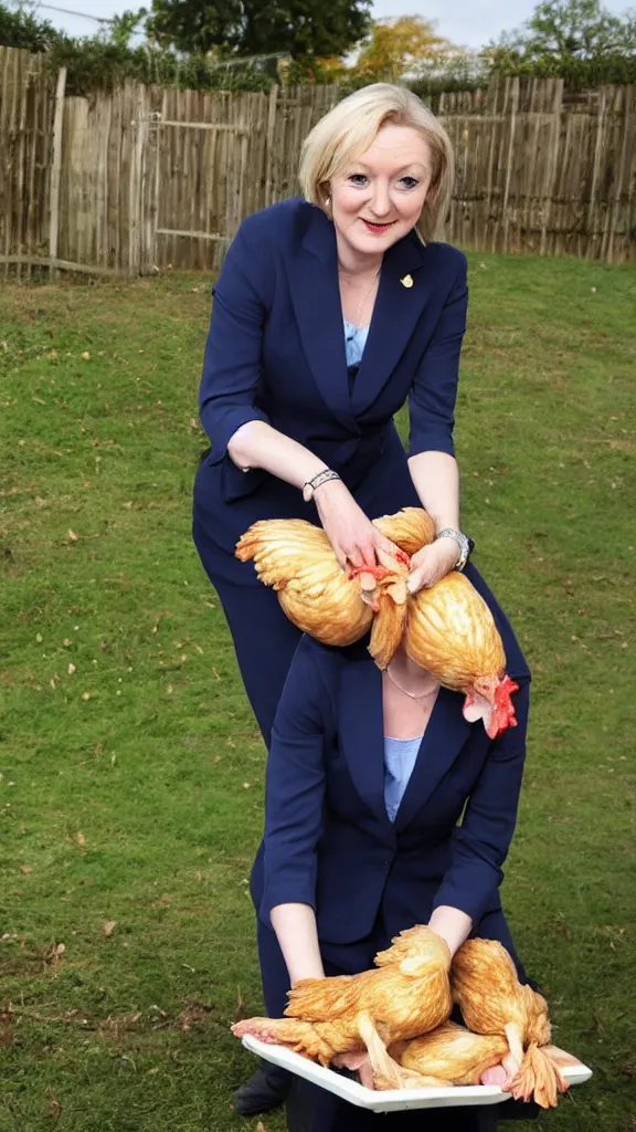 Image similar to liz truss, trussing a chicken