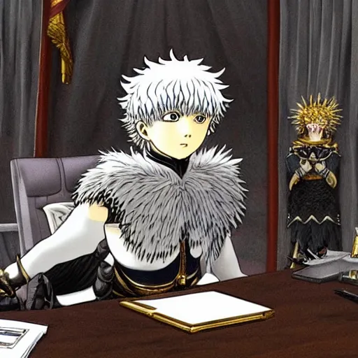 Image similar to griffith from berserk manga by kentaro miura sitting at his white house oval office desk