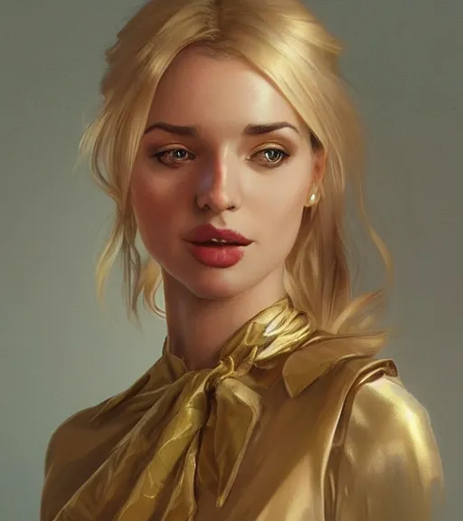 Prompt: corinna kopf wearing a golden dress, grey hair, red necktie, cinematic, stunning, highly detailed, digital painting, artstation, smooth, hard focus, full body shot, illustration, art by artgerm and greg rutkowski and alphonse mucha