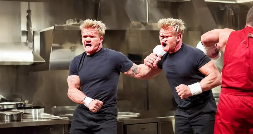 Image similar to photo of angry furious Gordon Ramsay punching Gordon Ramsay at the kitchen