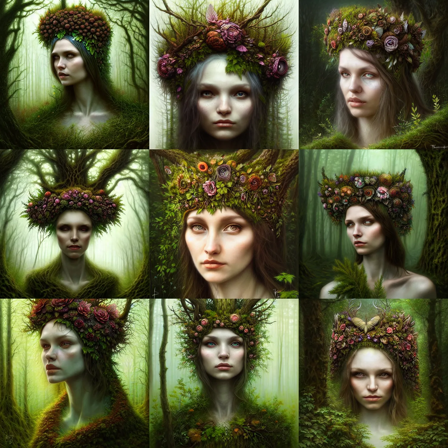 Prompt: forest creature foliage cloak flower crown in an forest, ultra detailed, by Tomasz Alen Kopera and Peter Mohrbacher