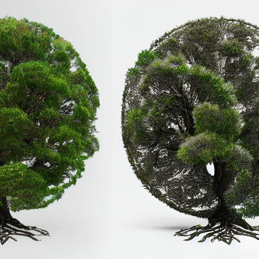 Prompt: soul tree of the earth, perfect symmetry, left side chaos, right side serenity, circular base surrounding grand tree, cinematic, ultrarealistic, intricate detail, finely detailed, small details, extra detail, high resolution, 3D, volumetric lighting, octane render, 8k, ultradetailed, photorealistic,