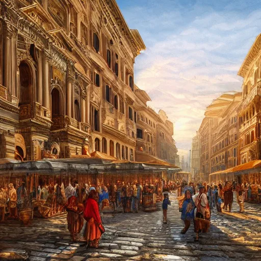 Image similar to an accurate depiction of the city of rome in its prime while people are walking around in the city, highly intricate detailed, light and shadow effects, intricate, highly detailed, digital painting, art station, concept art, smooth, sharp focus, illustration, advanced digital art, atmospheric lighting, detailed face, 8 k, hq