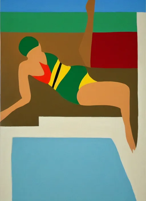 Image similar to a girl, in retro swimsuit, lying by the pool, 7 0 - s, minimalist oil painting by etel adnan flat colors, beautiful lightning, sharp