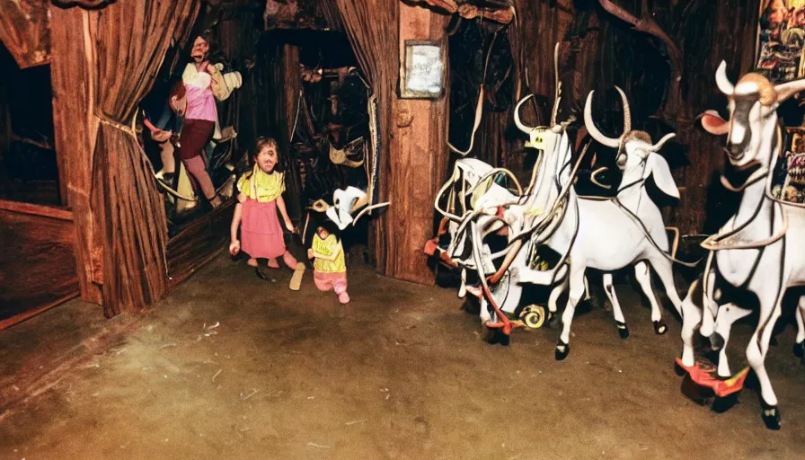 Prompt: 1980s photo of inside the Magic goats haunted house ride at Disney World in Orlando, Florida, children riding on robotic goats through a haunted house, cinematic, UHD