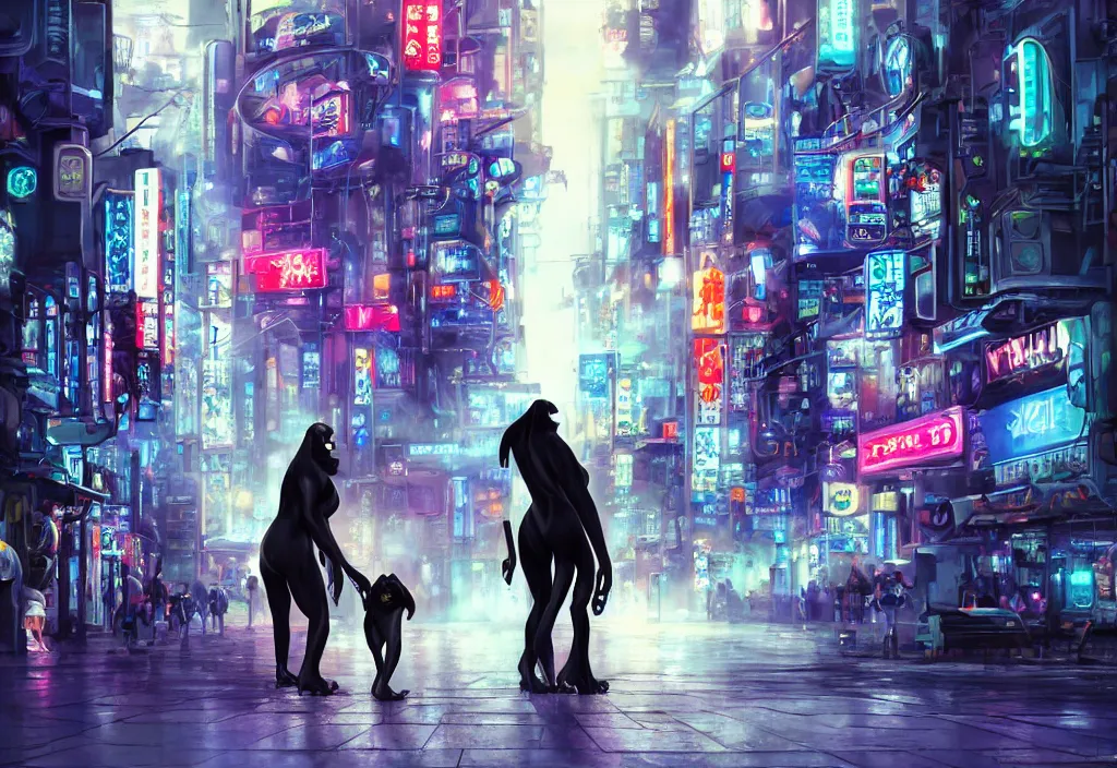 Image similar to a beautiful woman taking a gorilla for a walk in a cyber punk tokyo street, futuristic, realism, wide shot, busy street, dramatic lighting, neon signs, digital art, 8k resolution, high detail, by Boris Vallejo