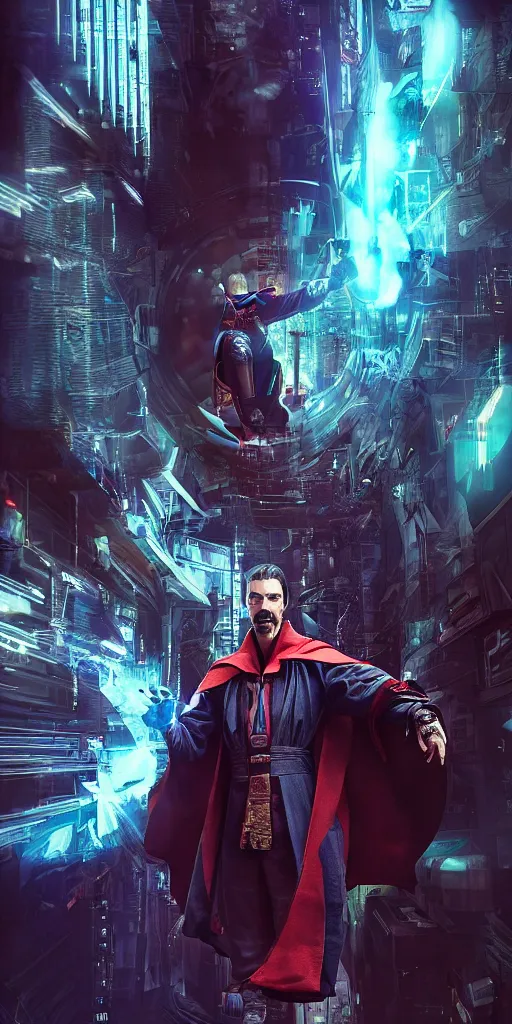 Image similar to cyberpunk, dr strange, photograph, cyborg, robot,, cinematic,