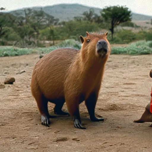 Prompt: a capybara in mars talking to a man