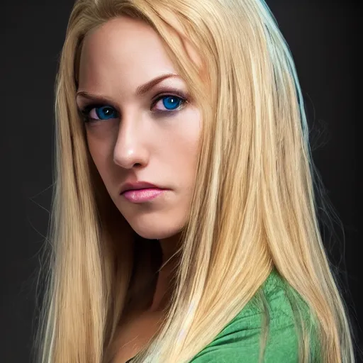 Prompt: An average woman with long blonde hair and light green eyes and big forehead no makeup, full body portrait posing, highly detailed, excellent composition, dramatic lighting, realistic 4k