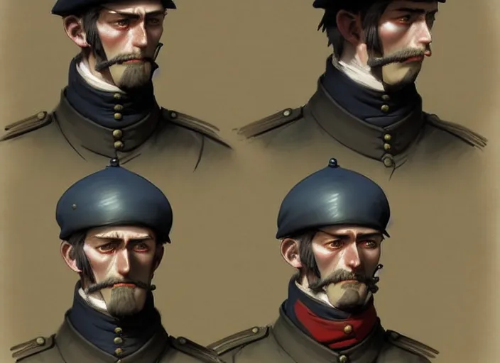 Image similar to 1 8 5 5 british crimean war soldier, character face study, multiple angles, directions and moods. faces only, concept art finely detailed perfect art, painted by greg rutkowski makoto shinkai takashi takeuchi studio ghibli, pinterest, cevagraf comics