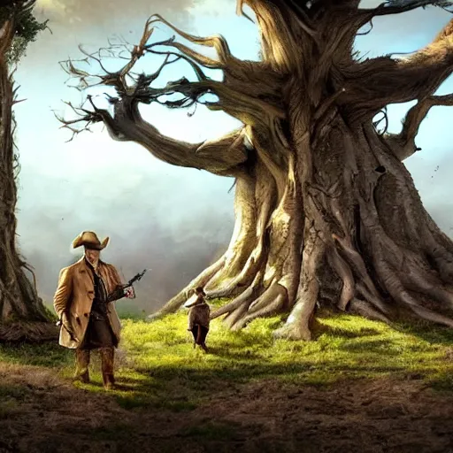 Prompt: hobbits wearing cowboy hats hiding under a the roots of a tree. wraiths on horses looking for them, artstation digital art