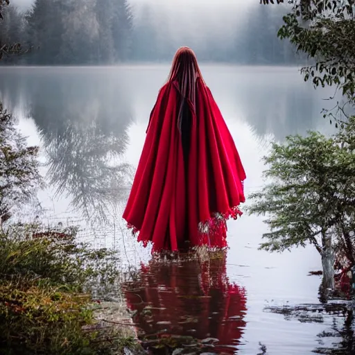 Image similar to beautiful lady with white long hair and dressed with a red victorian cloak, seen from behind, standing in a lake, mist, morning light, photorealistic