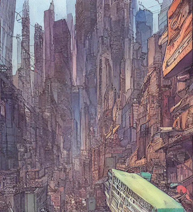 Image similar to a watercolor ink painting of a post - apocalyptic new - york in the style of jean giraud in the style of moebius trending on artstation deviantart pinterest detailed realistic hd 8 k high resolution