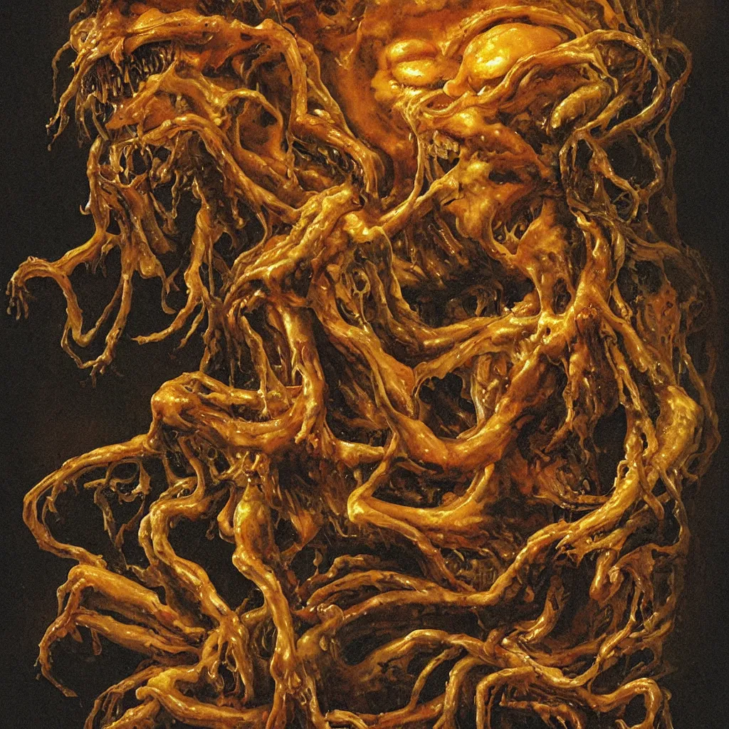 Image similar to grainy 2 0 mm film photograph of a grotesque veiny glossy wet gory nightmare fungus demon god. uhd, amazing depth, cinematic lighting, levitating floating fungus god with arms outstretched. by thomas blackshear.