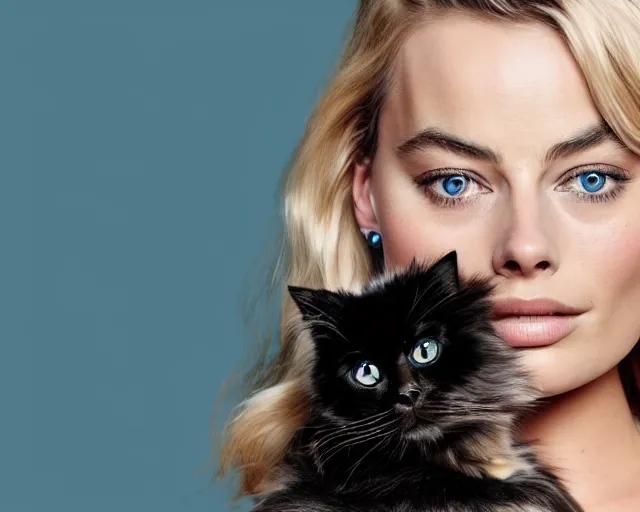 Image similar to A photo of margot robbie holding a beautiful cat, highly detailed, detailed face, beautiful face, blue eyes, 4k, hd, sharp, cinematic