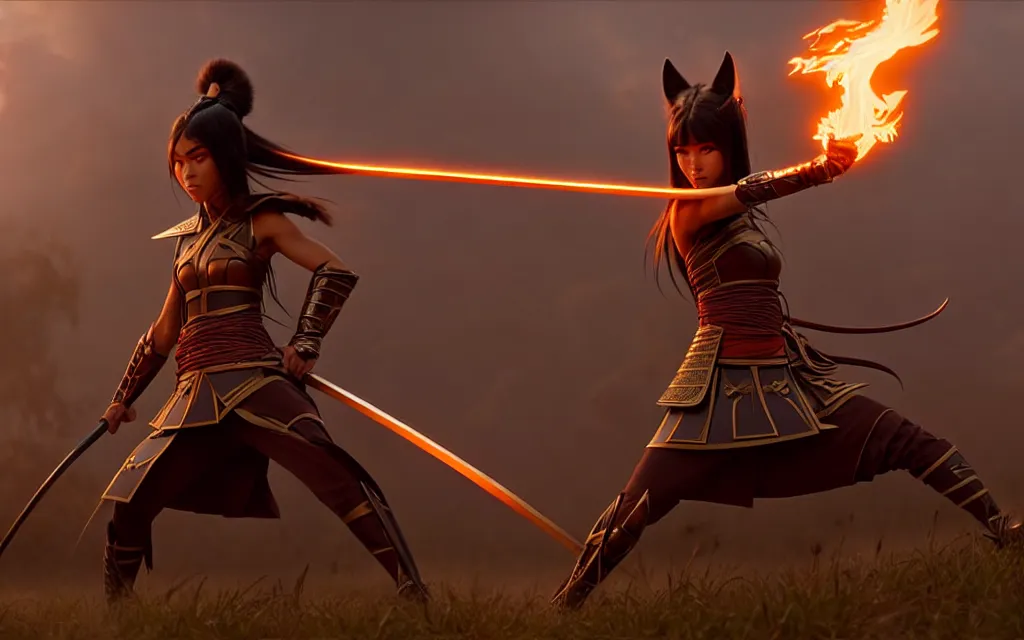 Image similar to weta disney pixar epic movie shot of madison beer as samurai warrior catgirl by pixar : : flames : : by weta, greg rutkowski, wlop, ilya kuvshinov, rossdraws, artgerm, marvel, unreal engine, bright morning, anime