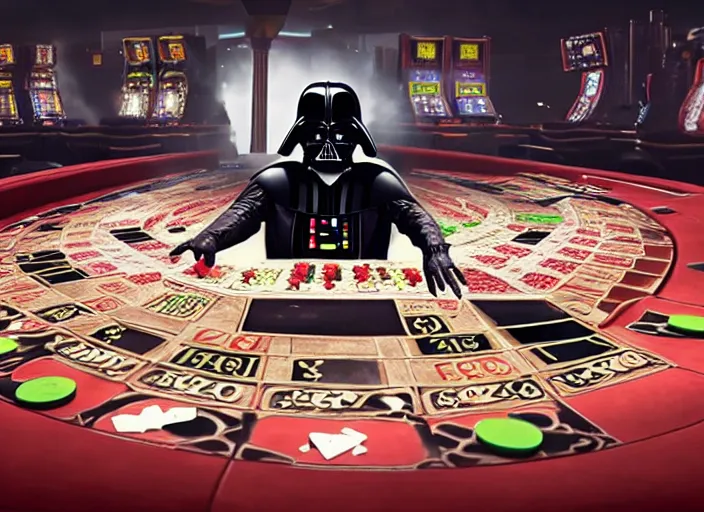 Image similar to film still of Darth Vader gambling in Vegas in the new Star Wars movie, 4k