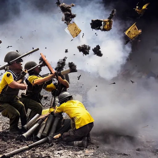 Image similar to minions firing a mortar from a mortar pit, debris and dirt flying from recoil, smoke, war photography