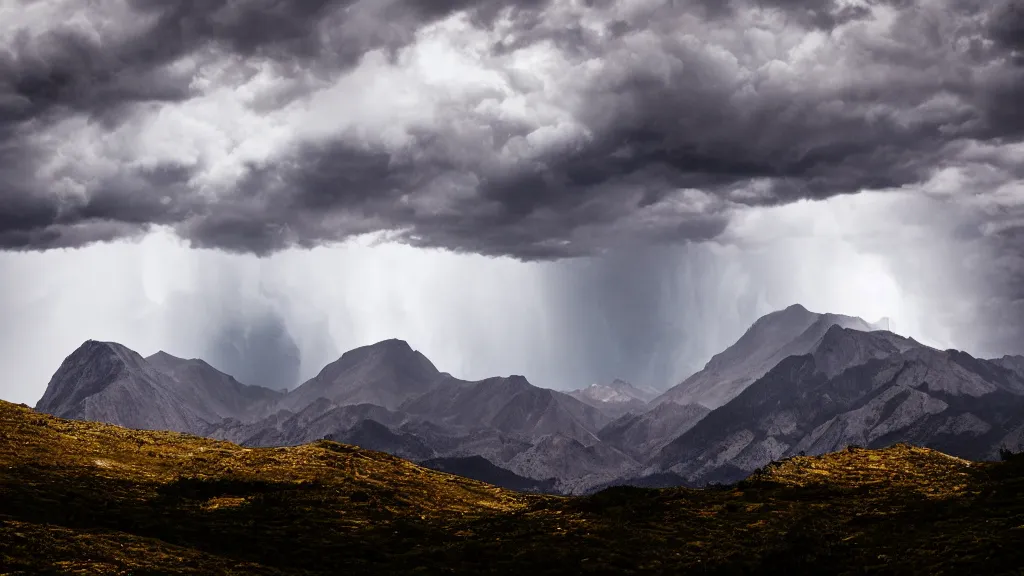 Prompt: a cinematic landscape photograph of a mountains peak in the clouds, thunder and lightning