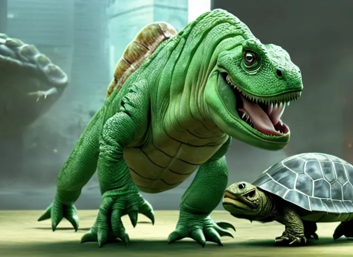 Image similar to film still of yoshi in the new sci - fi movie, upright dinosaur with a small turtle shell and long tongue, 8 k